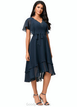 Load image into Gallery viewer, Frederica A-line V-Neck Asymmetrical Chiffon Lace Cocktail Dress HDOP0022461