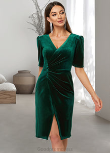 Madeleine Sheath/Column V-Neck Knee-Length Velvet Cocktail Dress With Pleated HDOP0022485