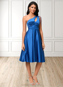 Patricia A-line One Shoulder Knee-Length Satin Cocktail Dress With Beading Pleated HDOP0022531