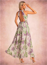 Load image into Gallery viewer, Mildred A-line Halter Floor-Length Chiffon Bridesmaid Dress With Floral Print HDOP0022565