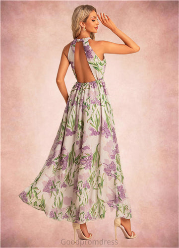 Mildred A-line Halter Floor-Length Chiffon Bridesmaid Dress With Floral Print HDOP0022565