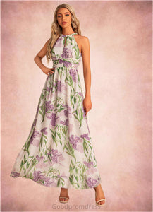 Mildred A-line Halter Floor-Length Chiffon Bridesmaid Dress With Floral Print HDOP0022565