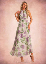 Load image into Gallery viewer, Mildred A-line Halter Floor-Length Chiffon Bridesmaid Dress With Floral Print HDOP0022565