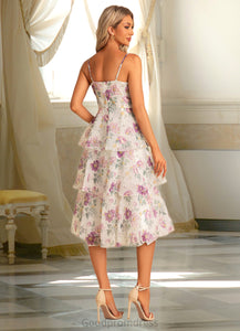 Molly A-line V-Neck Tea-Length Chiffon Bridesmaid Dress With Cascading Ruffles Floral Print HDOP0022567