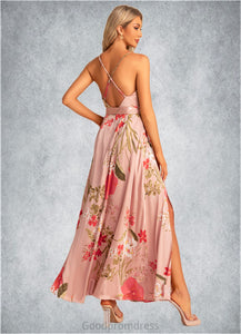 Addisyn A-line V-Neck Floor-Length Asymmetrical Satin Bridesmaid Dress With Floral Print HDOP0022568