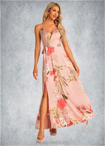Addisyn A-line V-Neck Floor-Length Asymmetrical Satin Bridesmaid Dress With Floral Print HDOP0022568