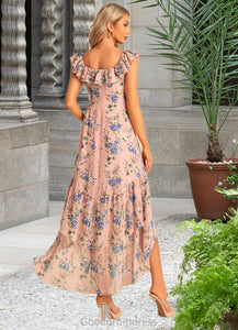 Lilia Trumpet/Mermaid Scoop Straight Floor-Length Asymmetrical Chiffon Bridesmaid Dress With Ruffle Floral Print HDOP0022569