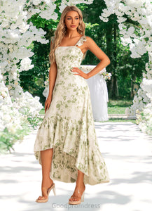 Nyla A-line Straight Floor-Length Asymmetrical Satin Bridesmaid Dress With Ruffle Floral Print HDOP0022571