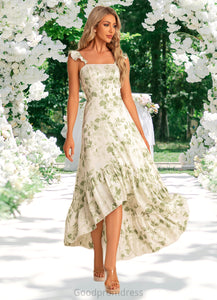 Nyla A-line Straight Floor-Length Asymmetrical Satin Bridesmaid Dress With Ruffle Floral Print HDOP0022571