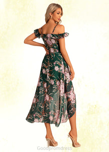 Madeleine A-line Sweetheart Tea-Length Asymmetrical Chiffon Bridesmaid Dress With Floral Print Ruffle HDOP0022572