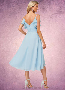 Elva A-line V-Neck Floor-Length Chiffon Bridesmaid Dress With Ruffle HDOP0022573