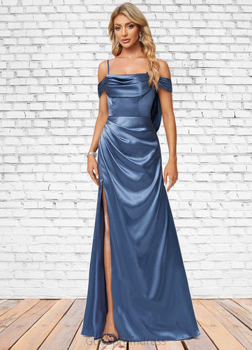 Janelle A-line Cold Shoulder Floor-Length Stretch Satin Bridesmaid Dress With Ruffle HDOP0022578