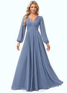 Maleah A-line V-Neck Floor-Length Chiffon Bridesmaid Dress HDOP0022579
