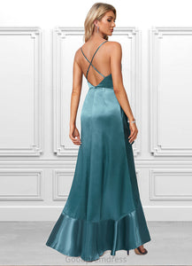 Vicky A-line V-Neck Asymmetrical Stretch Satin Bridesmaid Dress With Ruffle HDOP0022584