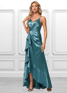 Vicky A-line V-Neck Asymmetrical Stretch Satin Bridesmaid Dress With Ruffle HDOP0022584