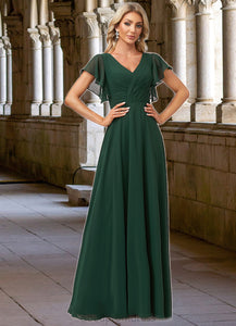 Sadie A-line V-Neck Floor-Length Chiffon Bridesmaid Dress With Ruffle HDOP0022591