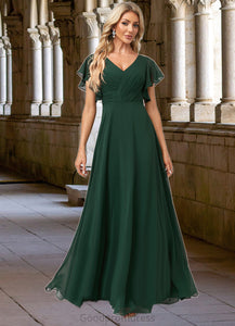 Sadie A-line V-Neck Floor-Length Chiffon Bridesmaid Dress With Ruffle HDOP0022591