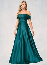 Load image into Gallery viewer, Savannah A-line Off the Shoulder Floor-Length Stretch Satin Bridesmaid Dress HDOP0022595