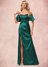 Load image into Gallery viewer, Dulce A-line Off the Shoulder Floor-Length Stretch Satin Bridesmaid Dress HDOP0022596