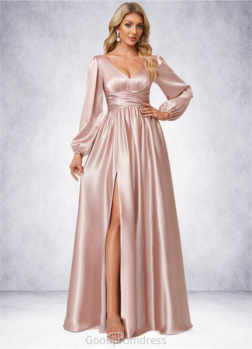 Cheryl A-line V-Neck Floor-Length Stretch Satin Bridesmaid Dress HDOP0022597