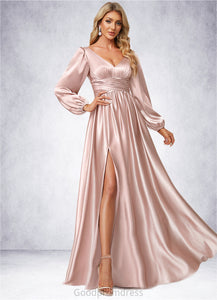 Cheryl A-line V-Neck Floor-Length Stretch Satin Bridesmaid Dress HDOP0022597
