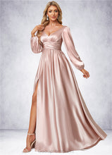 Load image into Gallery viewer, Cheryl A-line V-Neck Floor-Length Stretch Satin Bridesmaid Dress HDOP0022597