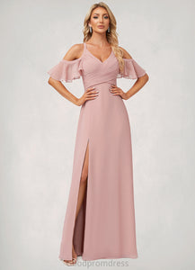 Shea A-line Cold Shoulder Floor-Length Chiffon Bridesmaid Dress With Ruffle HDOP0022599
