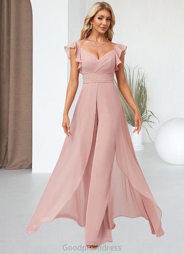 Scarlett Jumpsuit/Pantsuit V-Neck Floor-Length Chiffon Bridesmaid Dress With Ruffle HDOP0022600