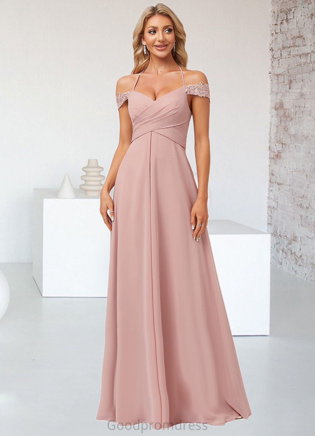 Angie A-line Cold Shoulder Halter Floor-Length Chiffon Lace Bridesmaid Dress HDOP0022601