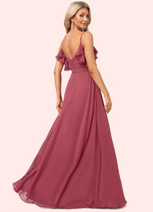 Raquel A-line V-Neck Floor-Length Chiffon Bridesmaid Dress With Ruffle HDOP0022604