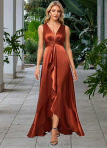 Krista A-line V-Neck Asymmetrical Stretch Satin Bridesmaid Dress With Ruffle HDOP0022606
