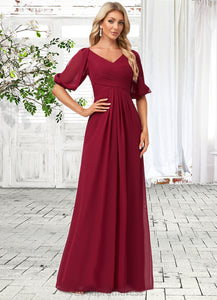 Louise A-line V-Neck Floor-Length Chiffon Bridesmaid Dress HDOP0022608