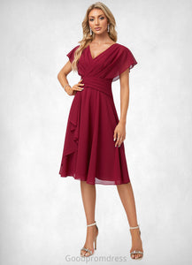 Winnie A-line V-Neck Knee-Length Chiffon Bridesmaid Dress With Ruffle HDOP0022609