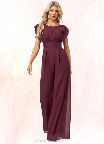 Yasmine Jumpsuit/Pantsuit Scoop Floor-Length Chiffon Bridesmaid Dress With Ruffle HDOP0022610