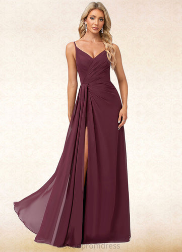 Raelynn A-line V-Neck Floor-Length Chiffon Bridesmaid Dress With Ruffle HDOP0022611