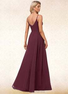 Raelynn A-line V-Neck Floor-Length Chiffon Bridesmaid Dress With Ruffle HDOP0022611