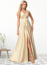 Load image into Gallery viewer, Livia A-line V-Neck Floor-Length Satin Bridesmaid Dress HDOP0022612