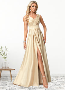 Livia A-line V-Neck Floor-Length Satin Bridesmaid Dress HDOP0022612