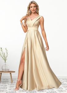 Livia A-line V-Neck Floor-Length Satin Bridesmaid Dress HDOP0022612
