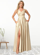 Load image into Gallery viewer, Livia A-line V-Neck Floor-Length Satin Bridesmaid Dress HDOP0022612