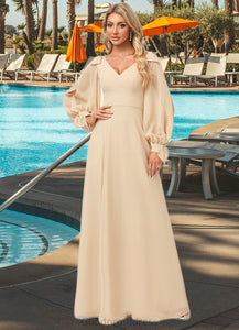 Carlee A-line V-Neck Floor-Length Chiffon Bridesmaid Dress With Bow HDOP0022613