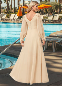 Carlee A-line V-Neck Floor-Length Chiffon Bridesmaid Dress With Bow HDOP0022613