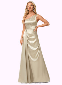Madeleine A-line One Shoulder Floor-Length Stretch Satin Bridesmaid Dress With Ruffle HDOP0022614