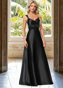 Mariana A-line V-Neck Floor-Length Stretch Satin Bridesmaid Dress With Bow HDOP0022615