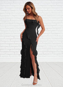 Dalia Chiffon Ruffle Column Dress with Leg Slit black HDOP0022703