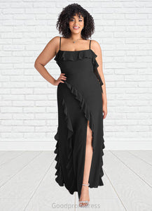 Dalia Chiffon Ruffle Column Dress with Leg Slit black HDOP0022703