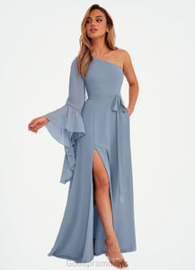 Regan One Shoulder Sleeve Chiffon A-Line Dress dusty blue HDOP0022720