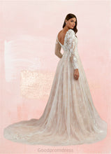 Load image into Gallery viewer, Asia A-Line V-Neck Sequins Tulle Cathedral Train Dress Diamond White/Nude HDOP0022757
