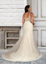 Load image into Gallery viewer, Sally Mermaid V-Neck Sequins Tulle Cathedral Train Dress Diamond White/Champagne HDOP0022765