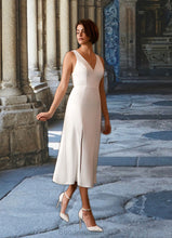 Load image into Gallery viewer, Nyasia A-Line V-Neck Stretch Crepe Tea-Length Dress Diamond White HDOP0022769